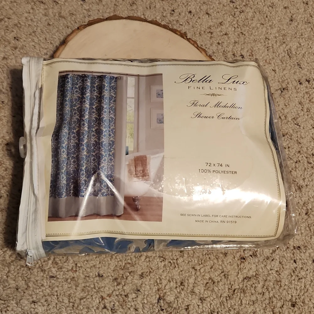 Bella Lux Fine Linens Floral Medallion Shower Curtain Blue Silver NEW